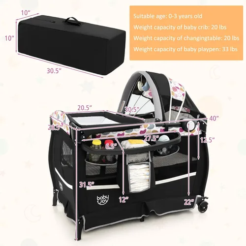 Miniatura 6 de BABY JOY 4 en 1 Pack and Play, corralito portátil para bebé con moisés y cambiador abatible, toldo, cuna infantil con cesta de almacenamiento, bolsa
