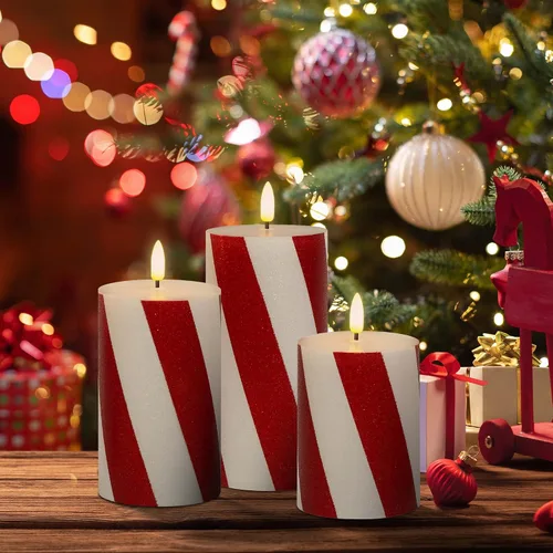 Miniatura 2 de Velas parpadeantes de Navidad sin llama con rayas rojas con purpurina, pilar de cera real, velas eléctricas LED con temporizador remoto para Rayas