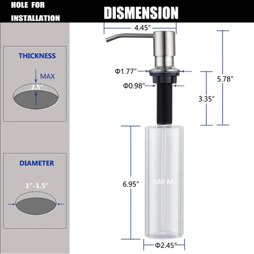 Miniatura 6 de Dispensador de jabón para fregadero de níquel cepillado, dispensador de jabón para fregadero de cocina de acero inoxidable con recarga desde arriba