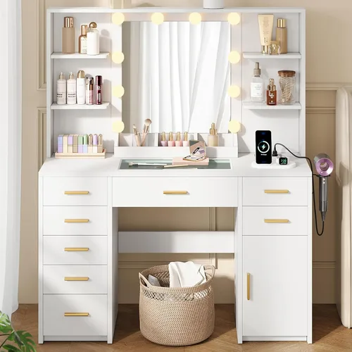 Miniatura 10 de ELYKEN Tocador Moderno con Espejo y Luces, Mesa de Maquillaje con Tablero de Vidrio y Enchufe Eléctrico, Tocador con 6 Estantes de Almacenamiento, 8