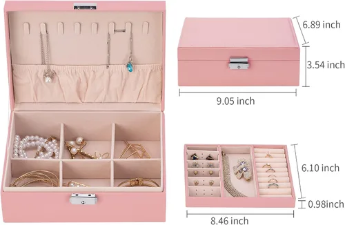 Miniatura 7 de Smileshe Joyero para mujeres y niñas, organizador de piel sintética con cerradura, 2 capas extraíbles de almacenamiento de viaje para anillos