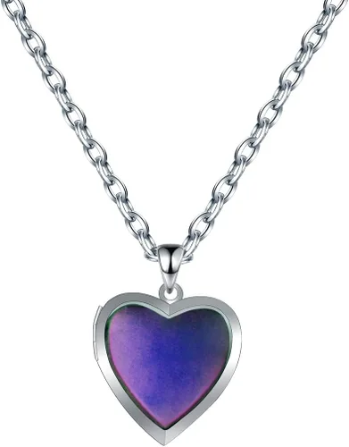 COLORFUL BLING Collar con medallón de corazón romántico de plata de 14 quilates para mujeres y niñas, con flor grabada, ovalada, con foto