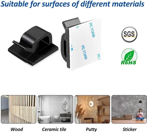Miniatura 3 de 150 clips adhesivos para cables negros, organizador de cables para exteriores, organizador de cables para debajo del escritorio, automóvil, pared