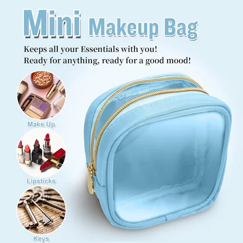 Miniatura 4 de izuzta Bolsa de maquillaje pequeña de nylon para bolso, linda bolsa de cosméticos con cremallera, bolsa de maquillaje preppy, Azul, Mini 2-Azul
