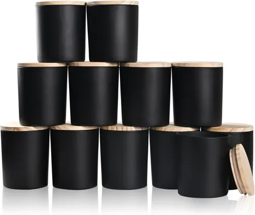 Miniatura 37 de SHOWIN Tarros de vela gruesos de 14 OZ para hacer velas 12 Piezas, tarros vacíos de 3 mechas con tapas de madera para hacer velas, recipiente