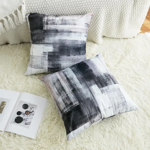 Miniatura 4 de chiinvent Juego de 2 fundas de almohada abstractas de terciopelo blanco y negro, fundas de almohada modernas, color gris, suaves, elegantes