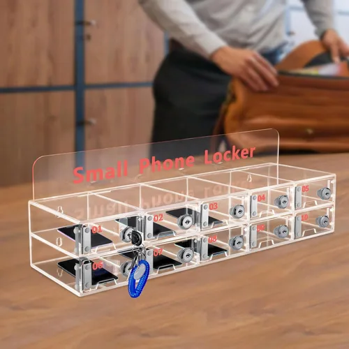 Miniatura 8 de Taquillas de teléfono celular, caja de bloqueo de acrílico para teléfono celular con cerraduras de puerta y llaves, 10 ranuras montadas en la pared