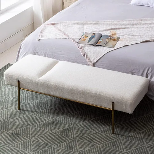 Miniatura 7 de Moderno banco de entrada tapizado con almohada desmontable para sala de estar, banco otomano de piel sintética con patas de metal dorado, cómodo