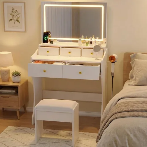 Miniatura 9 de Garvee Tocador de 31.5 pulgadas de ancho con silla, tocador para mujer con taburete, espejo LED, soporte para secador de pelo, toma de corriente, 3