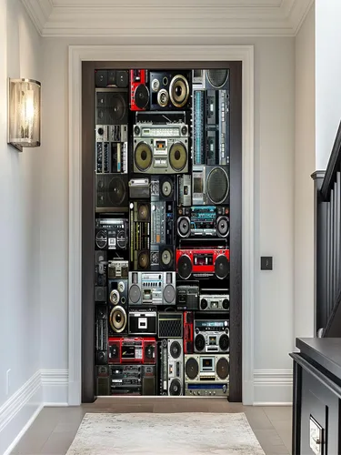 Miniatura 4 de artfanke Adhesivo 3D para puerta, 33.5 x 84.6 pulgadas, papel tapiz autoadhesivo impermeable, mural para puerta, póster vintage de radio Boombox