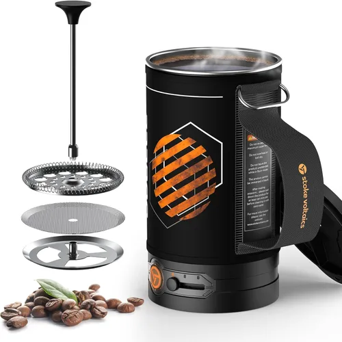 Stoke Voltaics Cafetera Eléctrica de Prensa Francesa, 120V Hervir Agua y Prensar Café 2-en-1, Diseño Portátil para Viajes, Camping, Preparación