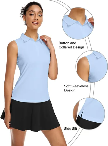 Miniatura 4 de COOrun Camiseta polo de golf para mujer, sin mangas, camiseta de tenis con protección UV, 50+, secado rápido, con cuello
