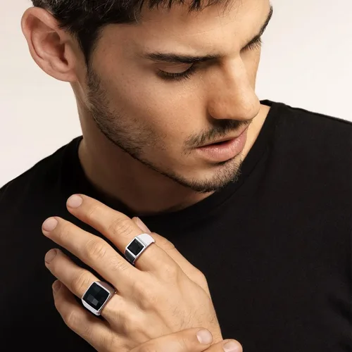 Miniatura 6 de U7 Anillo de joyería de moda de ónix negroazul para hombres y mujeres, anillos de sello cuadrado de acero inoxidable para papá y padre, anillos