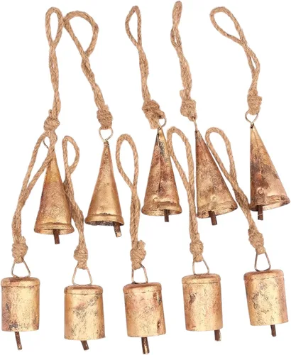 10 campanas rústicas de metal dorado para manualidades, cascabeles de vaca de 3.15 pulgadas con cuerda de yute para manualidades, adornos de árbol