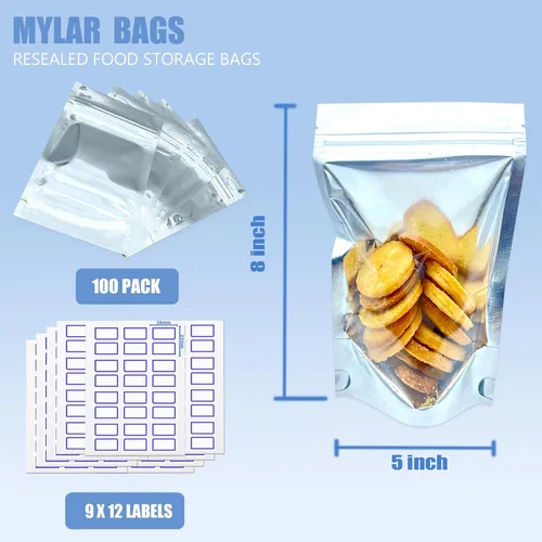 Miniatura 3 de 100 bolsas de Mylar resellables de 5 x 8 pulgadas para almacenamiento de alimentos, bolsas frontales transparentes de pie con etiquetas, bolsas