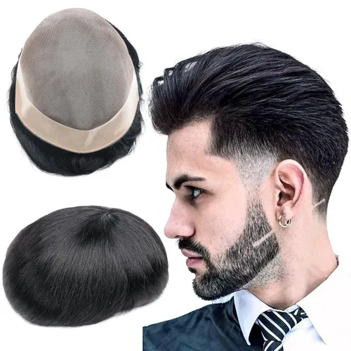 Miniatura 11 de Toupee - Sistema de reemplazo de cabello para hombres, cabello humano real, 5 x 7 pulgadas, base de encaje mono, extensión duradera para hombre
