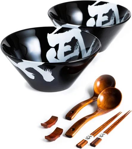 Miniatura 12 de BICETTO Juego de cuencos japoneses para ramen con gran diseño de ola, cuencos de cerámica grandes de 60 onzas, cucharas, palillos para ramen, Pho