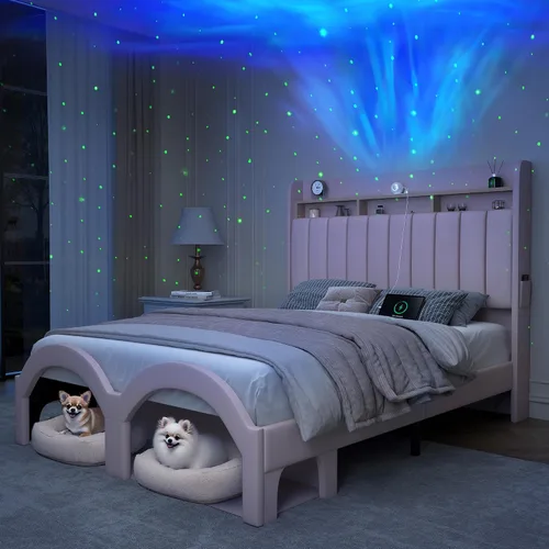 Miniatura 11 de SIBEDS Base de cama Queen con cabecera de almacenamiento de 2 niveles, cama de plataforma Aurora de piel sintética con proyector Galaxy Star, base