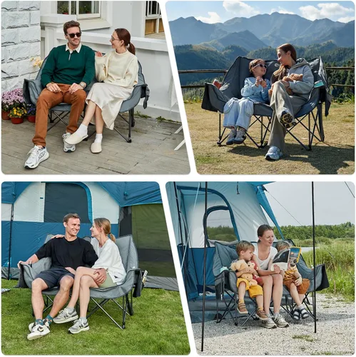 Miniatura 8 de Portal Silla de campamento doble, sofá biplaza plegable para 2 personas para adultos, cojín acolchado, para campamento, césped, sofá portátil