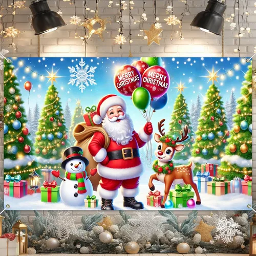 Miniatura 13 de HOMETITUTE Cartel de Navidad de 71 x 43 pulgadas, fondo azul de fotografía de invierno, copo de nieve, árbol de copo de nieve, fondo de fiesta