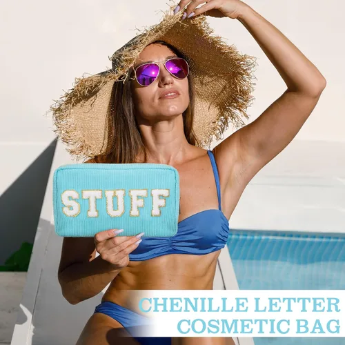 Miniatura 6 de Pinkunn 4 Piezas Bolsas de Maquillaje Preppy Bolsas de Chenilla con Letras de Viaje Organizador Facial Piel Cabello Higiene Cosmética Bolsa de Aseo