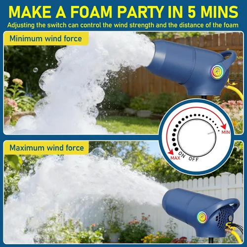 Miniatura 6 de Cañón de espuma para fiestas, máquina de espuma de 3 modos para fiesta, velocidad de viento ajustable, barril frontal desmontable, máquina
