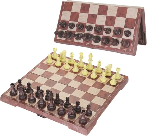Juego de ajedrez magnético de viaje mini 6.5 pulgadas, estilo nogal - Pequeño tablero de ajedrez plegable de bolsillo, ideal para viajes y regalos