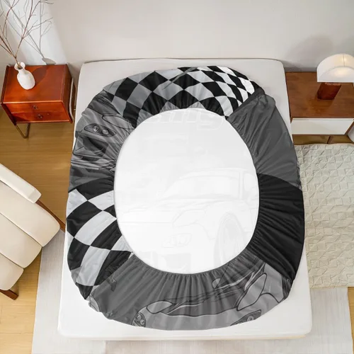 Miniatura 6 de Silver Race Cars - Sábana bajera ajustable para niños, tamaño individual, diseño de bandera de carreras en blanco y negro, decoración de habitación