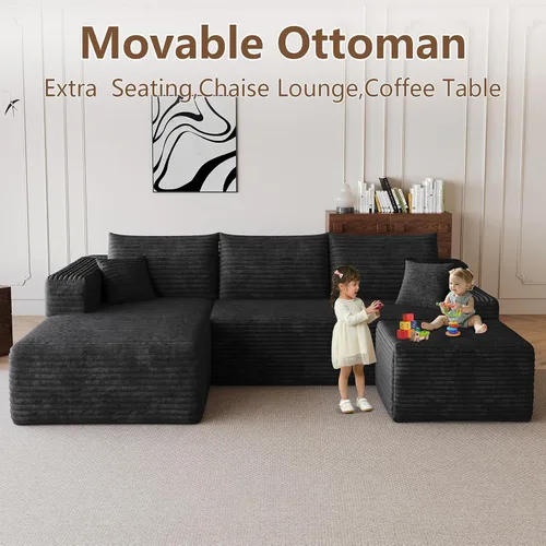 Miniatura 6 de Sofá modular de 95 pulgadas con otomana, moderno sofá nube de pana con asiento profundo, sofá sin hueso tapizado de 3 plazas en forma de U para sala