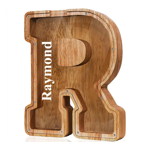 Miniatura 32 de Alcancía de madera grande personalizada con letras – Alcancía de letras para niños y niñas, regalo de cumpleaños (A)