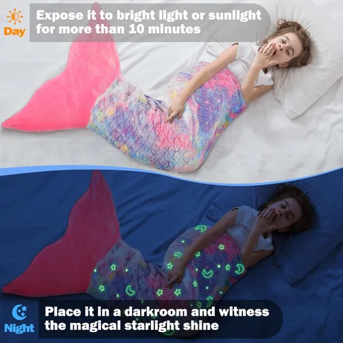 Miniatura 2 de Catalonia Manta de cola de sirena para niñas, saco de dormir de sirena que brilla en la oscuridad para niños de 3 a 14 años, regalo de sirena