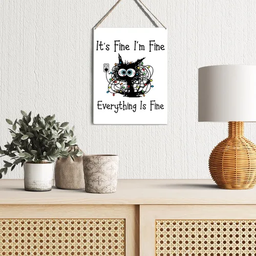 Miniatura 3 de GUDIAO Letrero colgante de madera con diseño de gato positivo "It's Fine Positive Cat", arte de pared de madera rústica para sala de estar