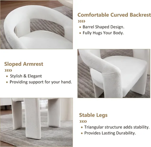 Miniatura 4 de Modern Boucle - Juego de 2 sillas de comedor tapizadas con diseño de barril con brazo, cómodas sillas laterales para cocina, comedor, recepción