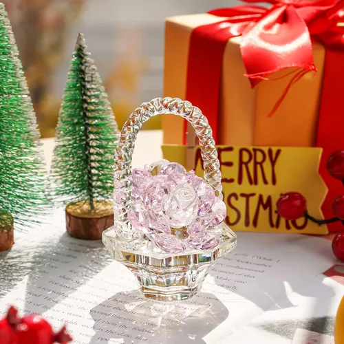 Miniatura 8 de H&D HYALINE & DORA Regalo de flor de rosa de cristal para mujeres, escultura artesanal de rosa de cristal rosa en forma de cesta para el día de San