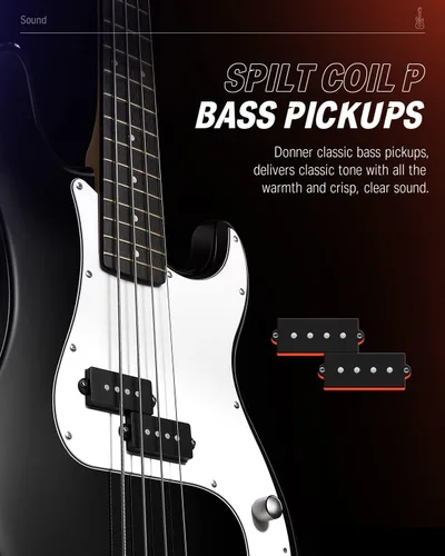 Miniatura 2 de Donner Guitarra eléctrica de bajo de 4 cuerdas tamaño completo estilo estándar PB para principiantes color negro para principiantes con lección
