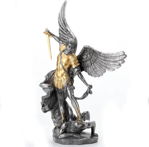 Miniatura 2 de Veronese Design 14 5/8 pulgadas Saint Michael pisotea la escultura de resina de demonio fundido en frío estatua de acabado de peltre