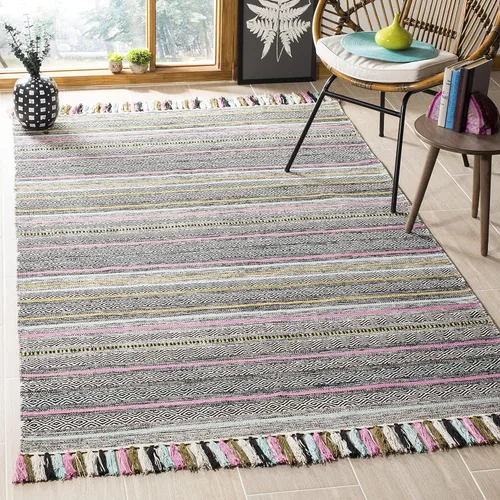 Miniatura 3 de SAFAVIEH Montauk Collection - Alfombra decorativa de 3 pies x 5 pies, color beige y multi, hecha a mano, estilo boho con rayas y flecos, de algodón