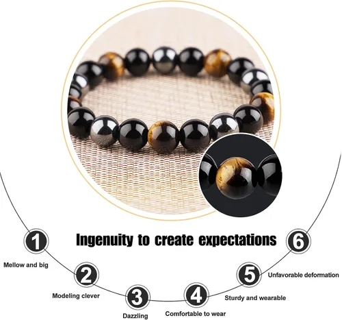 Miniatura 15 de HOZEAL Pulsera de triple protección, brazalete de obsidiana negra con ojo de tigre y hematita para hombres y mujeres, para traer suerte