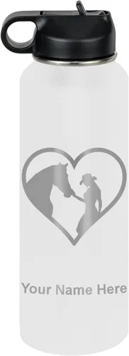 Miniatura 55 de LaserGram Botella de agua personalizada, corazón de vaquera de caballo, acero inoxidable de doble pared aislada al vacío con popote superior, regalo