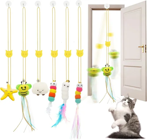 JIARON 6 juguetes interactivos de plumas para gatos, juguete retráctil para colgar en interiores, juguetes de juego propio hacen ejercicio divertido
