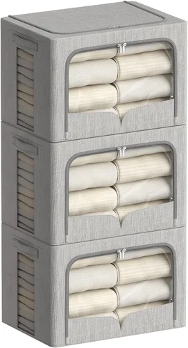 Miniatura 22 de FHSQX Paquete de 3 contenedores de almacenamiento de ropa, caja de almacenamiento plegable con marco de metal, juego organizador apilable de tela