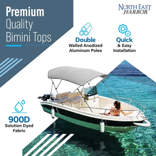 Miniatura 2 de NEH - Bimini Tops de 3 lazos para barcos, postes de apoyo, lona marina 900D a prueba de decoloración, funda de almacenamiento universal para pontón