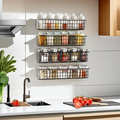 Miniatura 5 de Organizador de especias para montaje en pared, paquete de 2 cestas de almacenamiento de alambre negro para pared o puerta de gabinete en cocina
