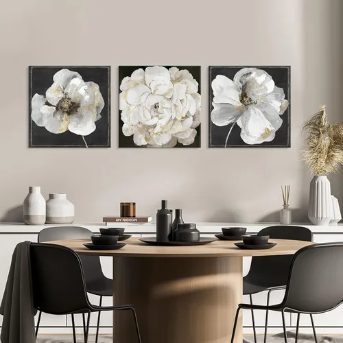Goldfoilart Arte de pared floral en blanco y negro para decoración de pared de baño, 3 piezas de lienzo de flores doradas, obras de arte enmarcadas,
