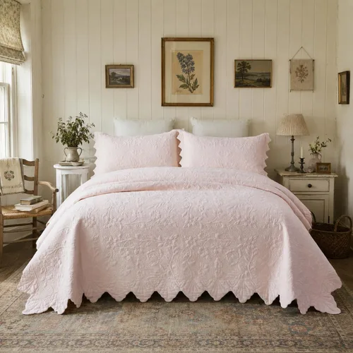 Miniatura 14 de Brandream Queen Size Quilt Set Cotton Beige Quilts Luxury Farmhouse Bedding Set Matelasse Coverlet Scalloped Quilt Set 3-Piece