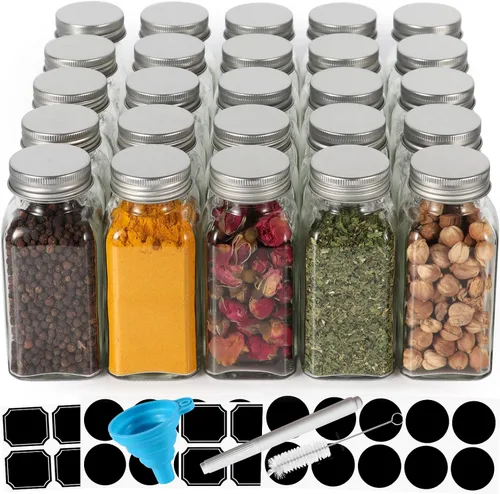 Miniatura 9 de 16 paquetes de tarros de especias de vidrio de 6 onzas con 80 etiquetas negras, recipientes cuadrados vacíos de 180 ml para condimentos, botellas