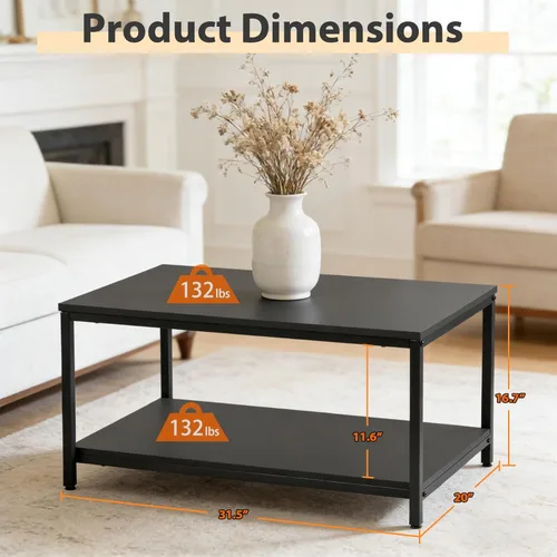 Miniatura 3 de SUPER DEAL - Mesa de café industrial de 2 niveles con estante de almacenamiento para apartamento pequeño, sala de estar, mesa auxiliar rectangular