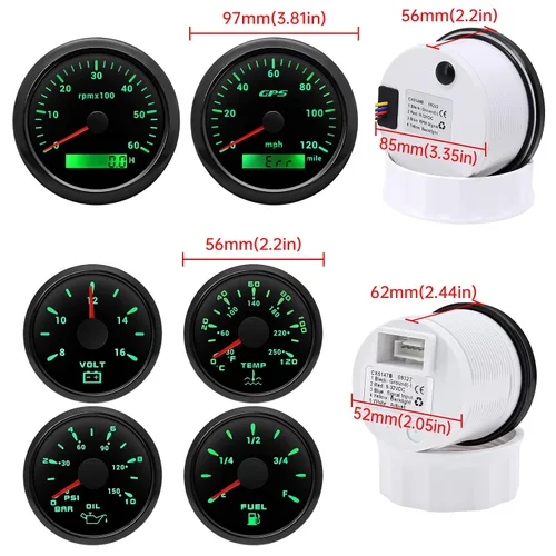 Miniatura 2 de ARTILAURA - Juego de 6 calibradores 85mm 3-3/8" GPS velocímetro 120MPH, tacómetro, 52mm 2-1/16" nivel de combustible, temperatura del agua, presión