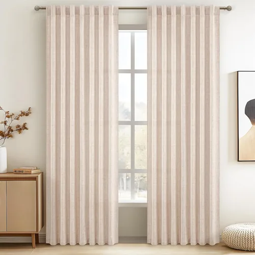 Miniatura 32 de Cortinas translúcidas de lino beige blanco de 84 pulgadas de largo, 2 paneles, cortinas modernas con filtrado de luz y privacidad, riel de techo