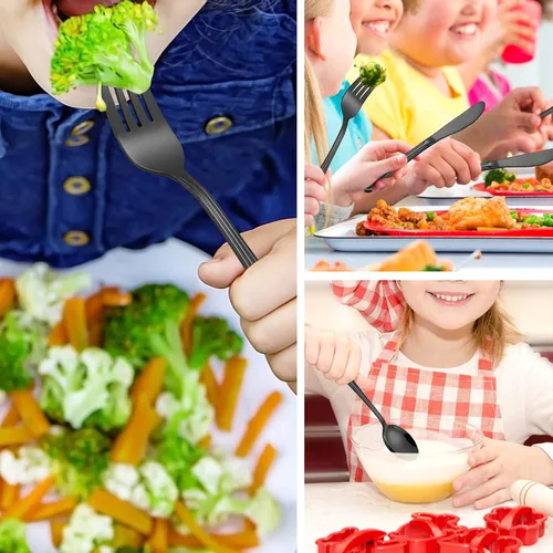 Miniatura 2 de LIANYU Juego de cubiertos negros de 12 piezas para niños pequeños, de acero inoxidable, para 4 personas, incluye cuchillo y tenedor, cuchara